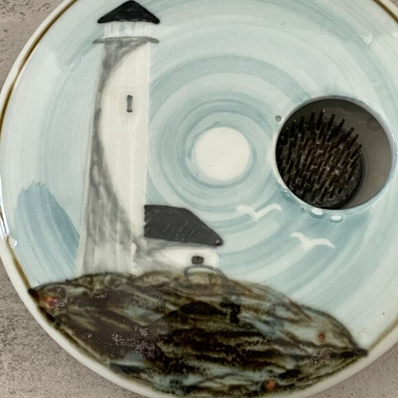Vintage 2002 Georgetown Pottery Maine Lighthouse Ikebana Round Flower Vase 6" - Picture 2 of 6